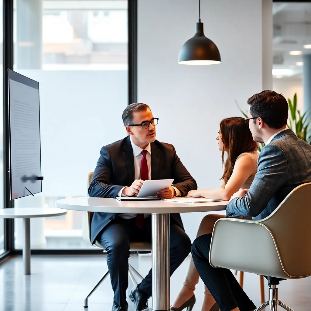 Profesionales de consultoría analizando datos en una sala de reuniones moderna en Madrid