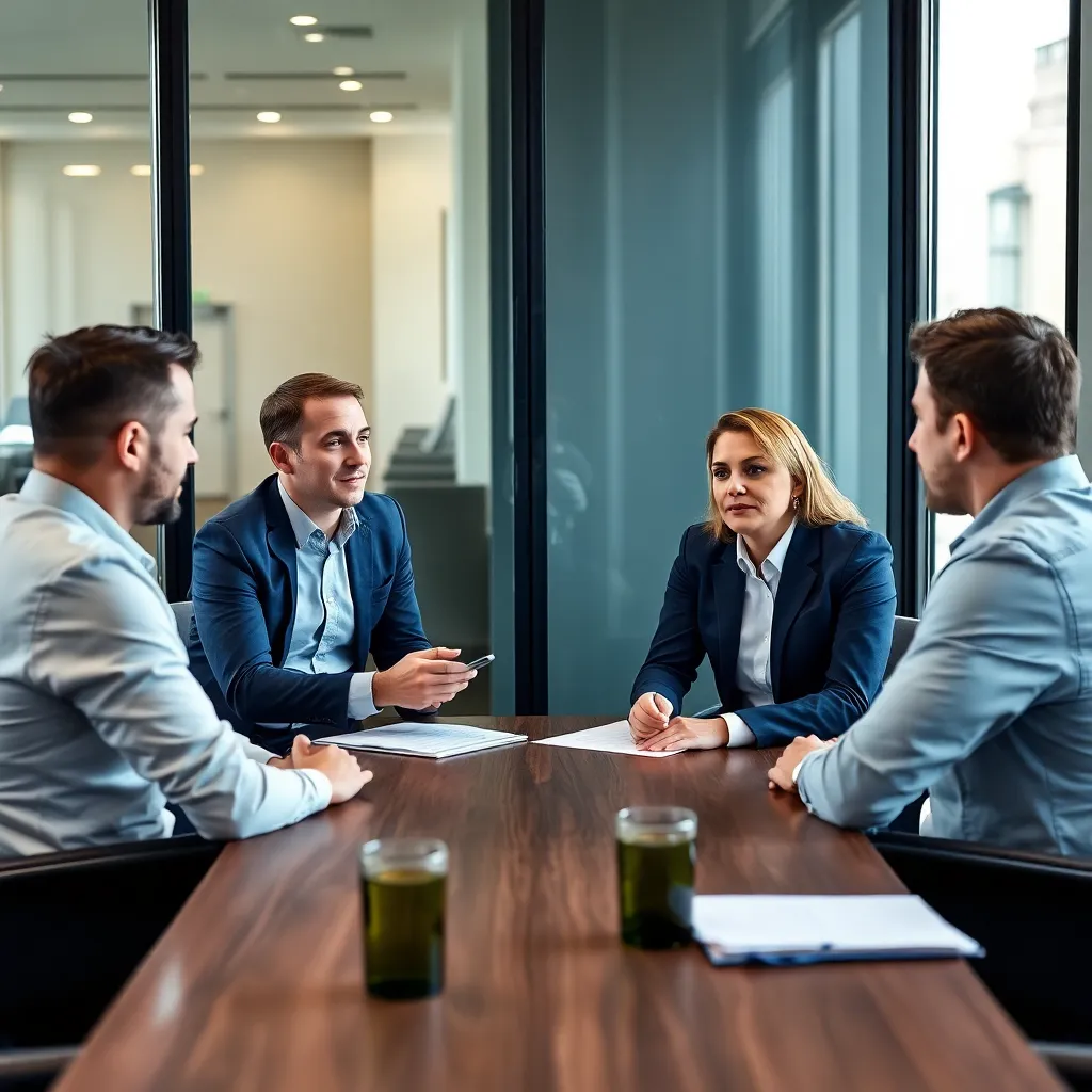 Consultores de negocios discutiendo estrategias con clientes en una sala de reuniones moderna en Madrid