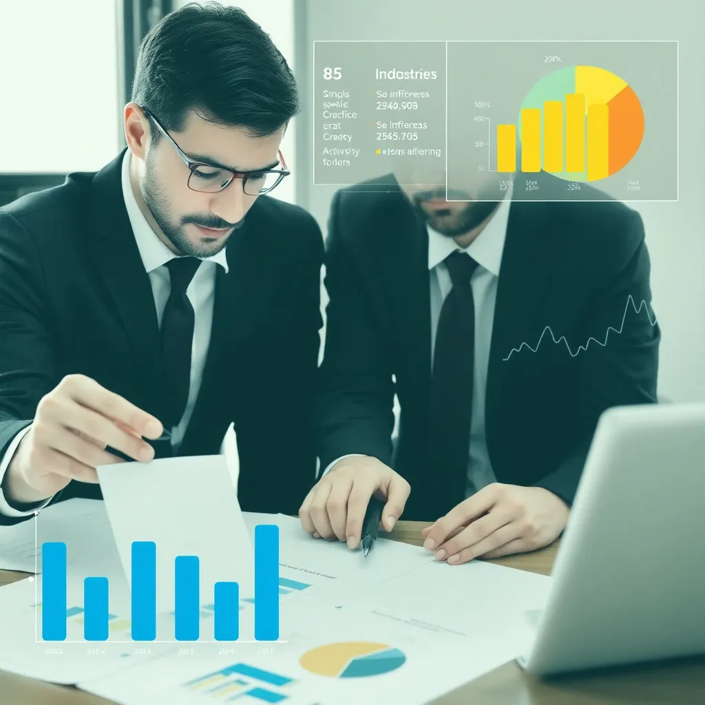 Consultores analizando datos sectoriales con gráficos específicos para diferentes industrias españolas
