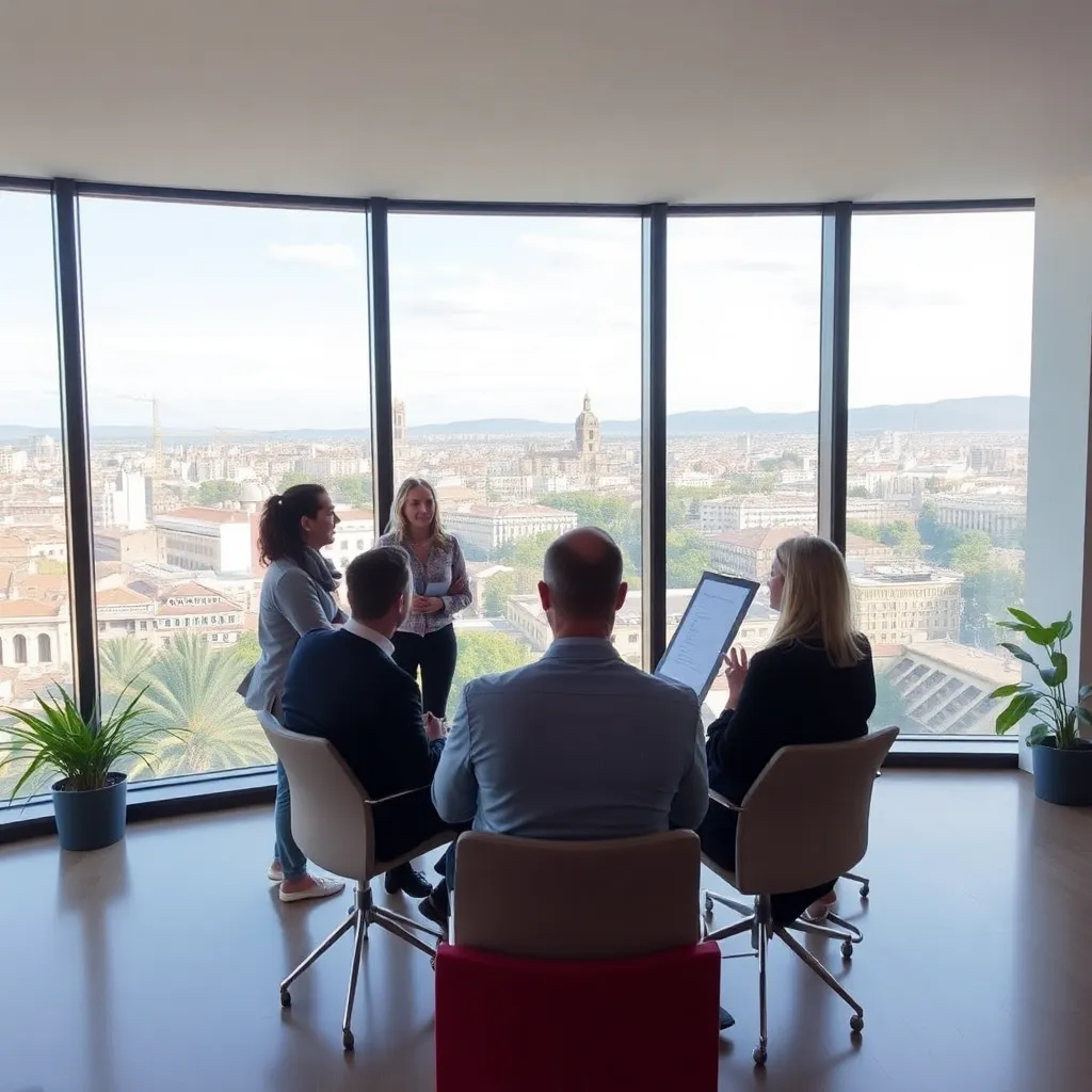 Consultores presentando estrategia a directivos en una oficina con vistas a Barcelona